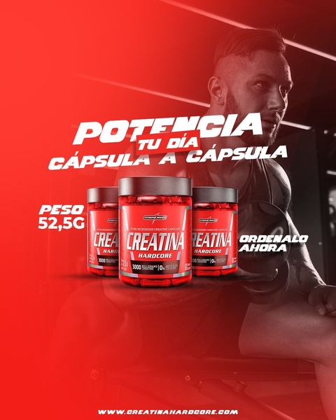 This ad creative uses a high-contrast red background and a triple-product stack to emphasize the potency of hardcore creatine supplements.